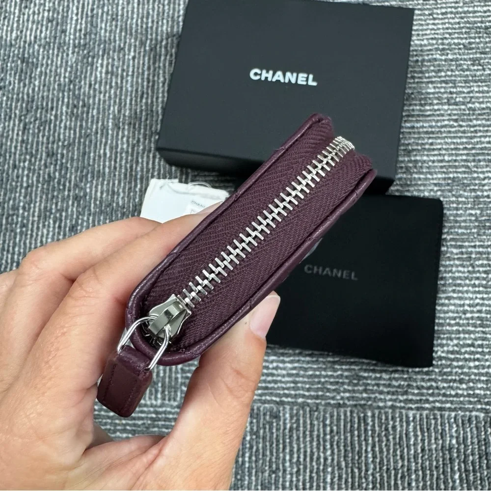Chanel Dark Burgundy Quilted Wallet Coin Purse with Zip around  CC logo